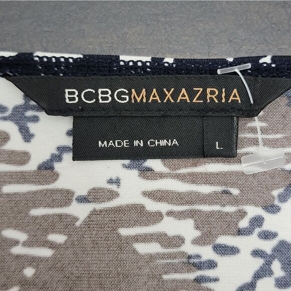 BCBGMaxazria Faux Wrap Print Dress Surplice Hem Side Tie Stretch Career Size L - Picture 5 of 10